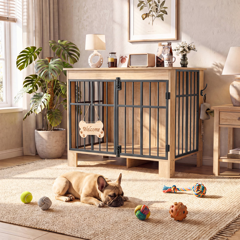 85 cm Dog Crate Furniture, Double Door Dog Cage with Welcome Sign & Side Hook for Small & Medium Dogs, Wood