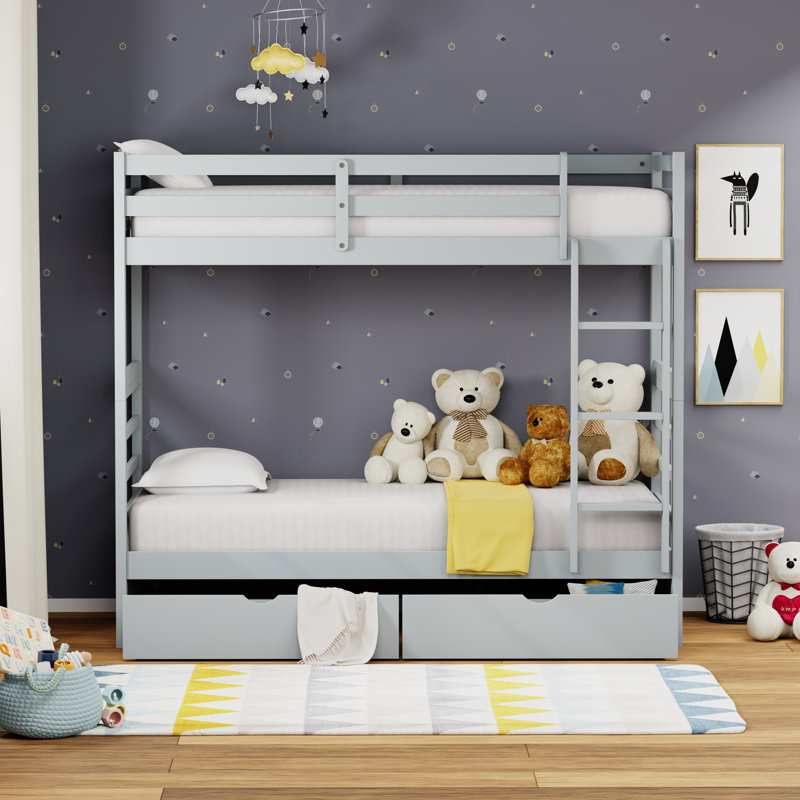 Genavee Solid Wood Twin Over Twin Bunk Bed and Underbed Storage Drawers, Light Gray