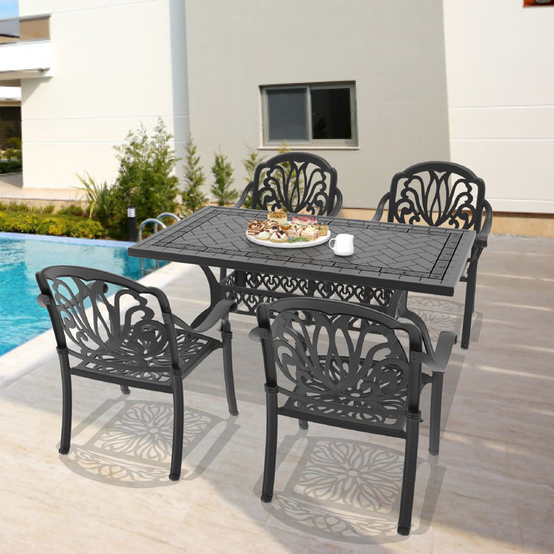59.06" L 35.43" W Rectangular Table Cast Aluminum Outdoor Dining Set with Brown Cushions, 4