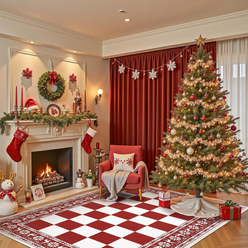 9x12 Checkered Christmas Area Rug, Washable Non Slip Low Pile Rug for Living Room, Red, Red, Rectangle 9' x 12'