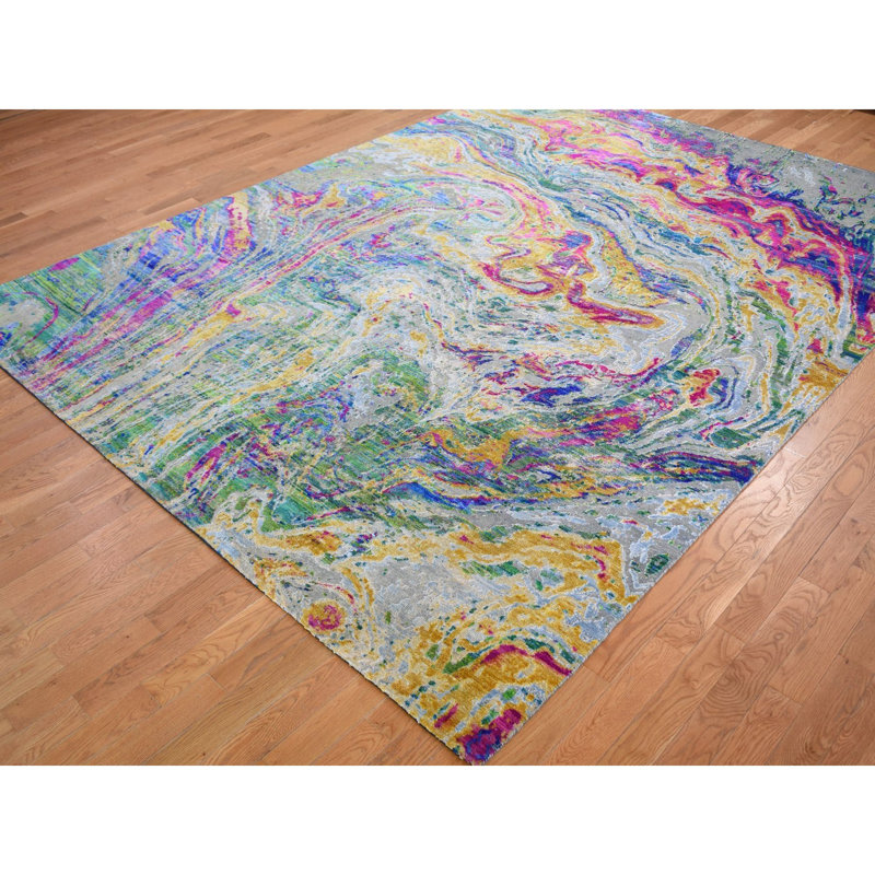Tapis décoratif jaune noué à la main de conception unique 8 pi 9 po x 11 pi 9 po
