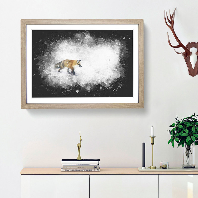A Red Fox Alone in the Winter - Picture Frame Graphic Art Print, 45cm H x 63cm W x 2cm D, Oak Framed