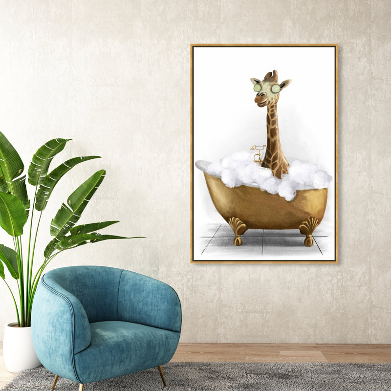 Bathtime Giraffe - Peinture sur toile, Toile encadrée, H 15 po x l 10 po, Doré
