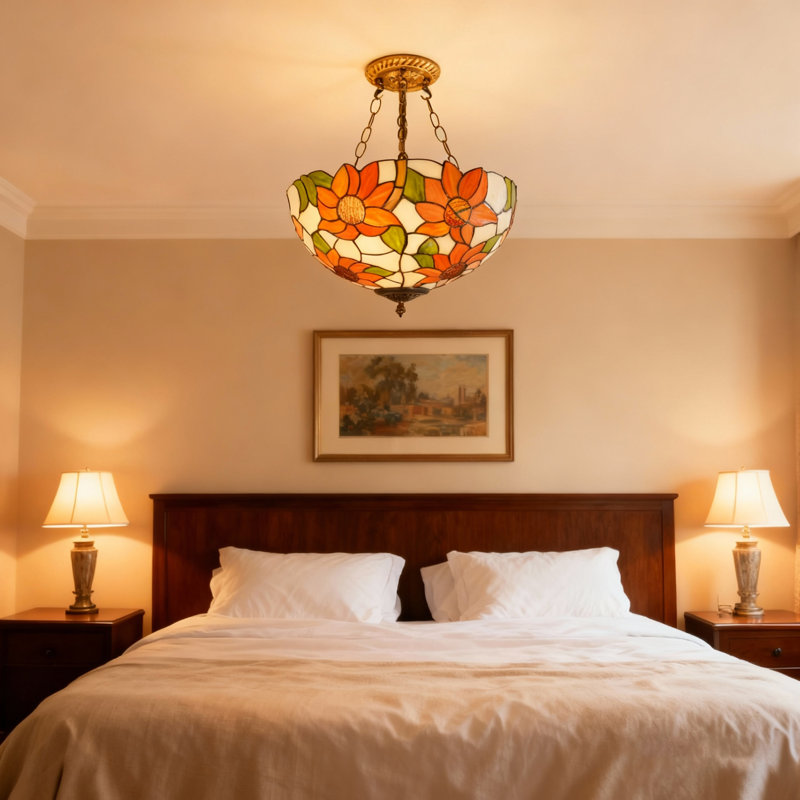 3-light Dimmable Tiffany Style Sunflower Chandelier， Semi-flush Ceiling Light With Bulbs