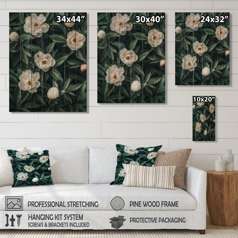 Dark Bloom Of Peonies Petal Serenity I - Peonies Wood Wall Decor - On Natural Pine Wood, 32" H x 24" W x 0.78" D