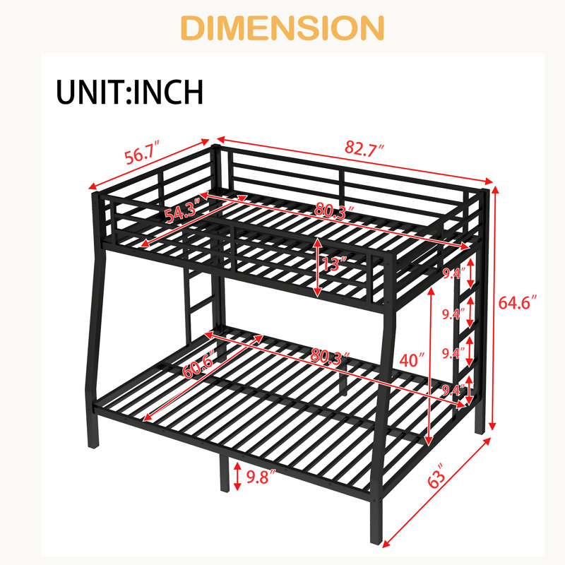 Metal Full XL Over Queen Bunk Bed For Teens And Adults,Space-Saving/Noise Reduced/No Box Spring Needed, Full XL Over Queen