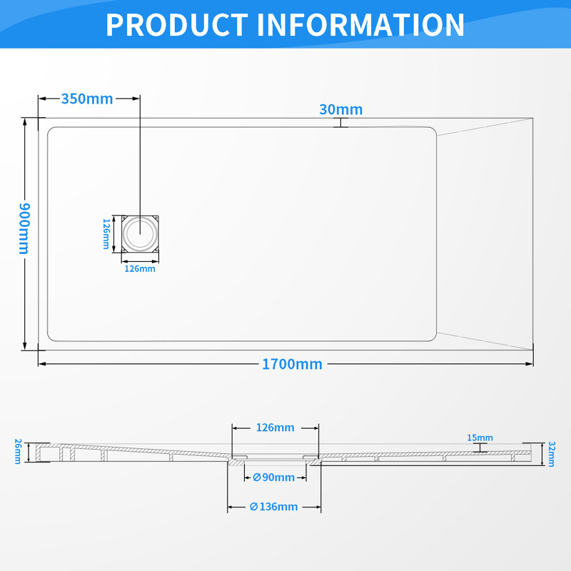 Slip-Resistance 32mm H Rectangular Black Shower Tray, 3.2cm H x 90cm W x 170cm D