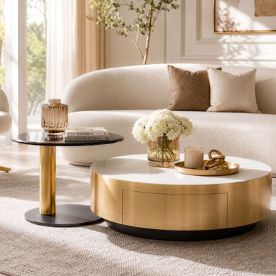 2-in-1 Modern Nesting Coffee Table Set, Round Coffee Table with Marble Top, Gold Frame & Hidden Storage Drawer