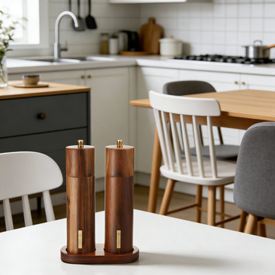 Ensemble de moulins à sel et à poivre manuels avec plateau - Meulage réglable en céramique, moulins à bois d'acacia rechargeables pour la cuisine, la maison ou le cadeau