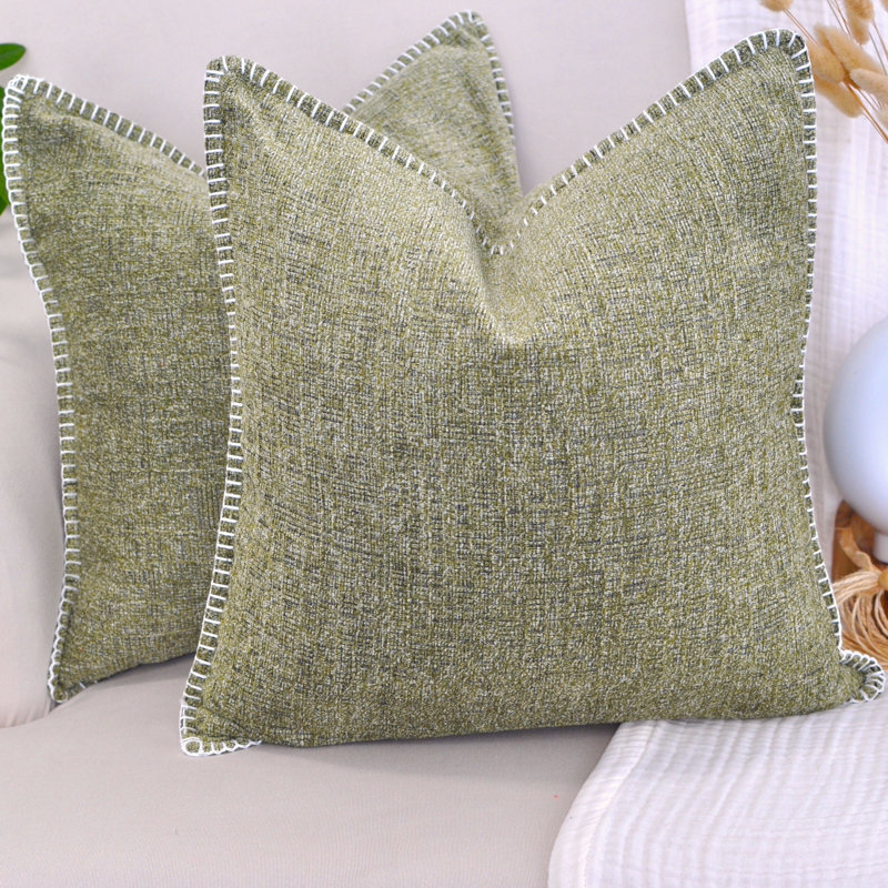 Olive Green Chenille Square Throw Pillow Covers Set with Piped Edges