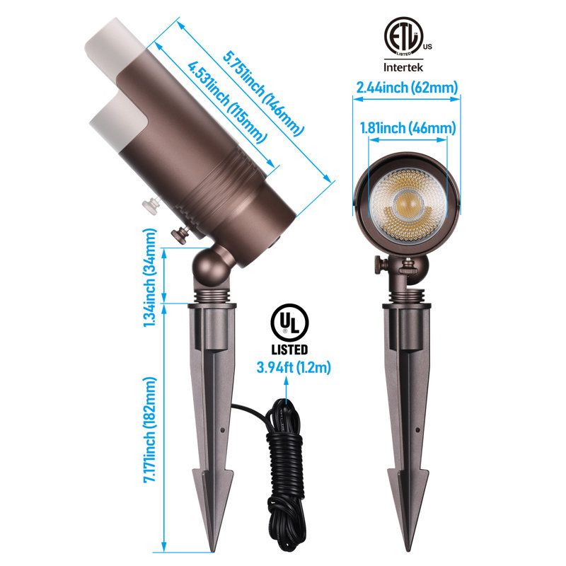 Projecteur d'extérieur à DEL 5cct 7w, angle de faisceau réglable, basse tension 12-24v AC / DC, aluminium, étanche IP65, CRI90, ETL, bronze huilé