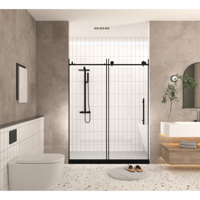 Porte de douche de salle de bain au design américain, l 56 à 60 po x H 76 po, verre trempé épais de 6 mm, poignée en acier inoxydable noir mat, film de preuve, rails ronds, option d'installation à sec