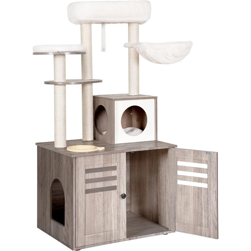 Rustic Gray Wood Cat Tree with Litter Box Enclosure
