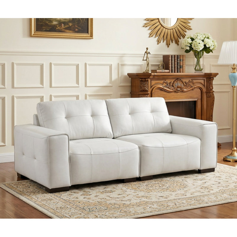 Bendire 85"W Tufted Vegan Leather Solid Wood Sofa Couch, White