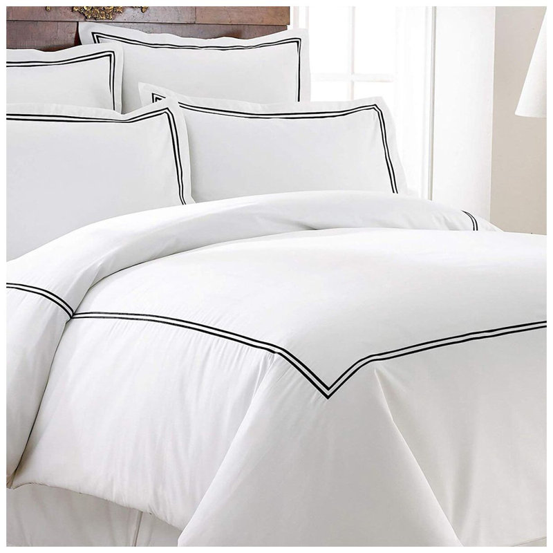 400TC Cotton Double Embroidery Sateen Solid Duvet Cover Set, Black/White, Queen Duvet Cover + 2 Queen Pillowcases