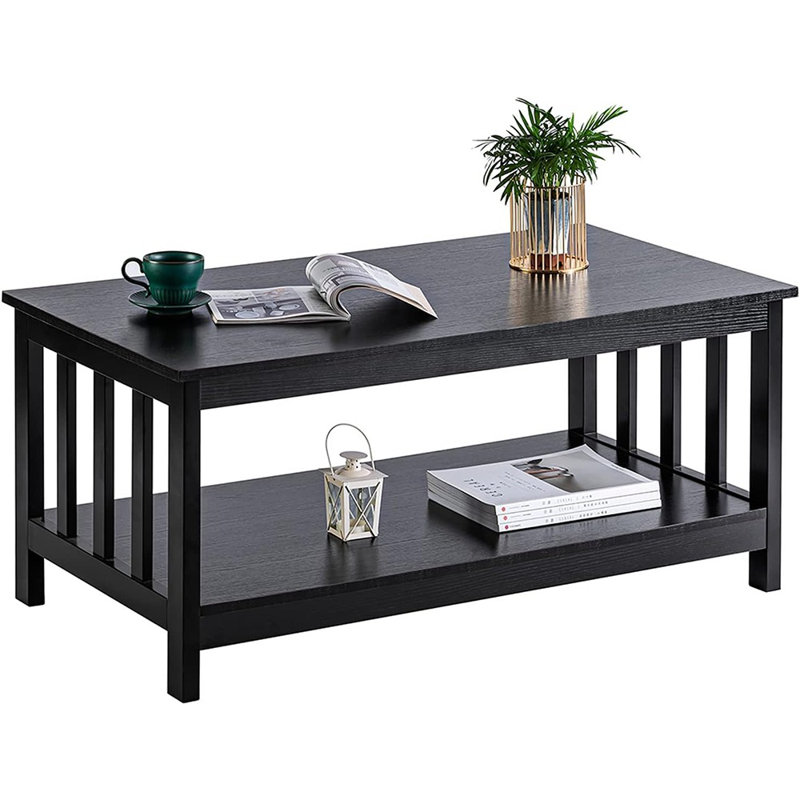 Table basse Mission, table de salon en bois noir avec tablette, 40 po, noir