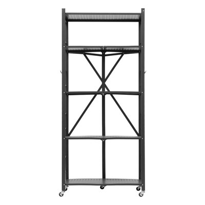 Folding Storage Shelf With Wheels 5-Tier Metal Shelving Unit Black