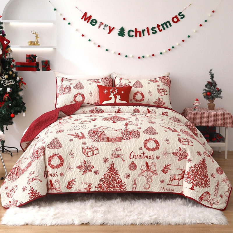 Ensemble de couvre-lit 3 pièces avec motif de rennes et couronne de Noël, Très grand lit