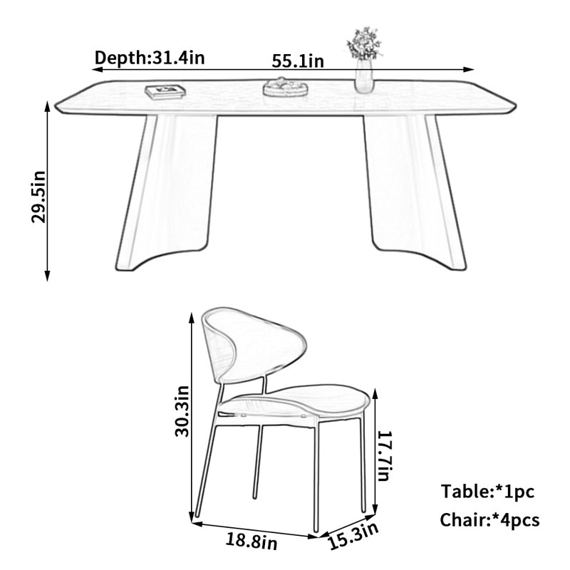 Ensemble de chaises de salle à manger Modern, H 29,5 po x L 55,1 po x l 31,4 po