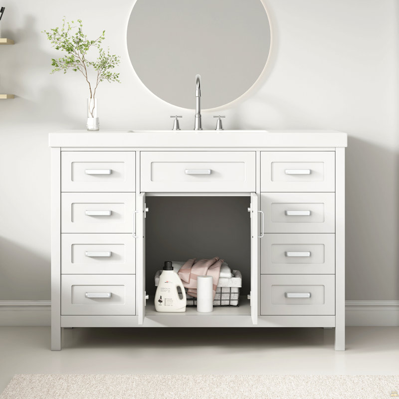 Meuble-lavabo 48 po avec lavabo, 2 portes et 8 tiroirs, système de fermeture en douceur, design classique, blanc