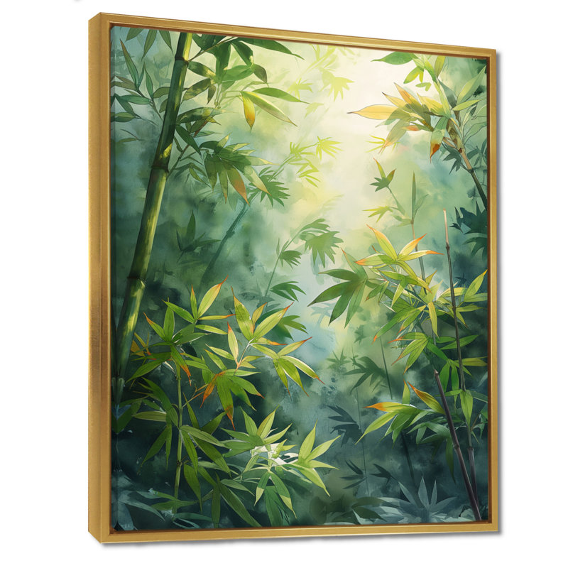Forêt Amazonienne au lever du soleil I - Art mural en bambou, Cadre flottant doré, H 32 po x l 24 po x P 1 po