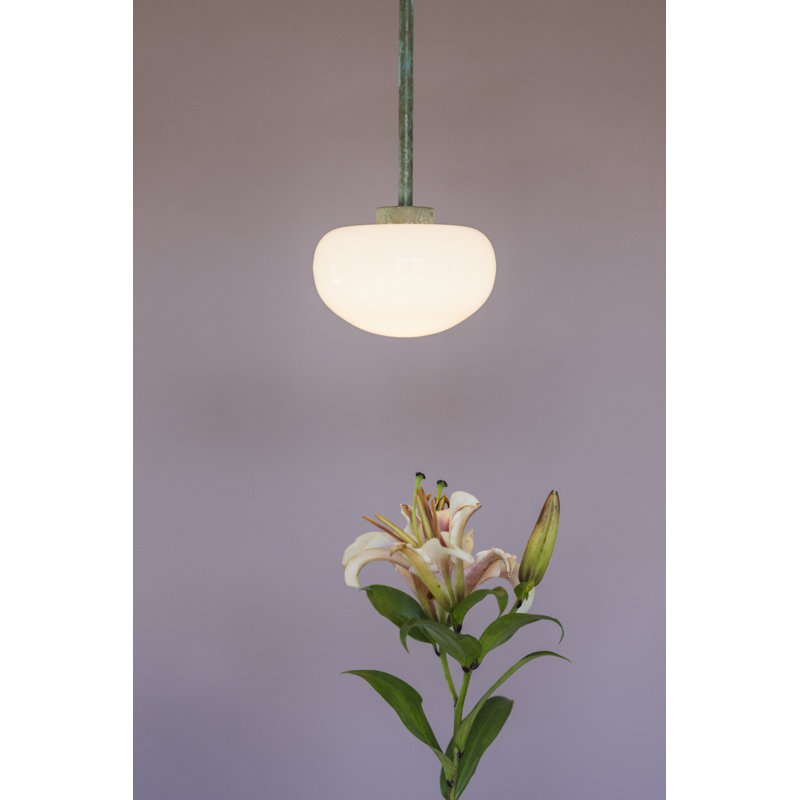 1 - Light LED Pendant, Opal, 18in Suspension Rod, Verdigris