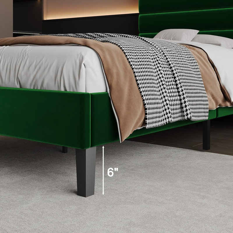 Bed frame with headboard, platform bed frame with velvet upholstered headboard and channel design, Twin, Green