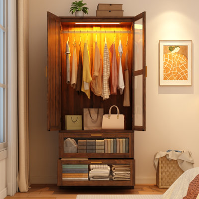 2-Door 71" H Armoire With LED Sensor Light, Acrylic Mirror, Drawers And Hanging Rod