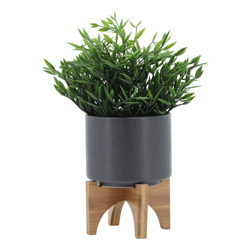 Ceramic Planter with Bamboo Stand - Modern Plant Pot with Elevated Base for Indoor Use, 1, Dark Gray, 7" H x 5" W x 5" D
