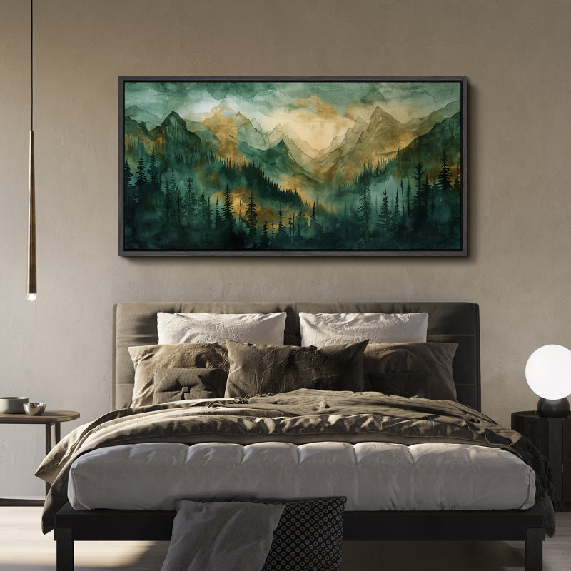 «Woodland Forest Landscape Watercolor Green Mountain Forest Sunrise Landscape Modern Large Large Canvas Art