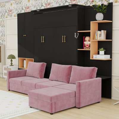 Queen Murphy Bed with Oversized Sofa, Shelves, Cabinets and Dual Lights