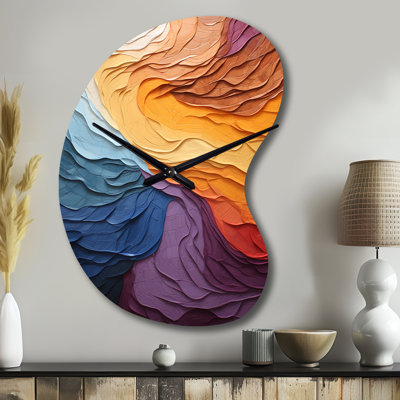 Abstrait lyrique jaune orange - coucher de soleil II - horloge asymétrique en métal, horloge murale moderne de forme irrégulière