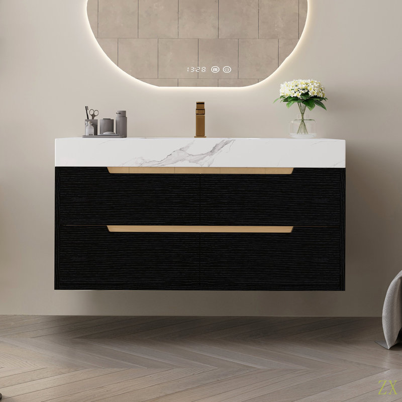 Meuble-lavabo moderne de 35,4 po avec lavabo sous comptoir, plateau en pierre frittée, bois massif multicouche imperméable, rangement à 4 tiroirs, autoportant / mural