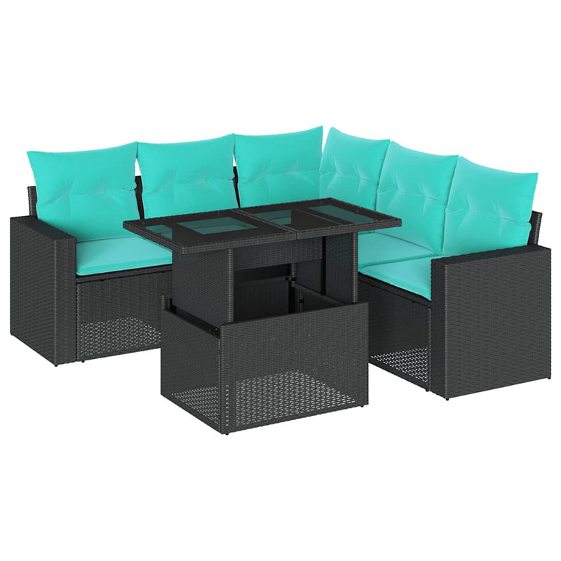 Ensemble de canapés de jardin 6 pièces avec coussins d'extérieur en rotin de poly noir, Coussin bleu / cadre noir