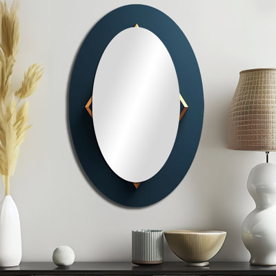 Miroir mural ovale grand format sur support métallique « Retro Diamond Geometry in Blue And Gold I »