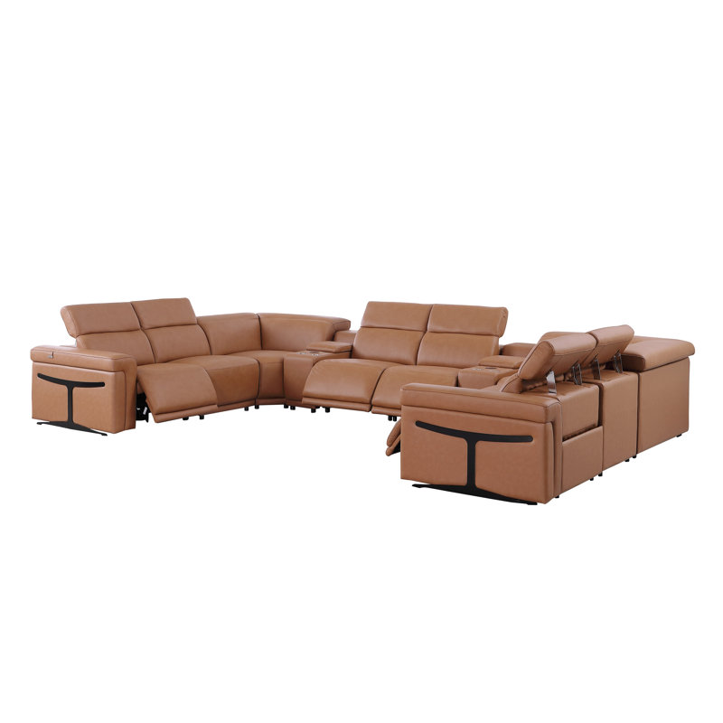 Stanwinn 10 – Piece 4 Power Reclining Top Grain Italian Leather Sectional with Power Headrest, Cognac Genuine Leather