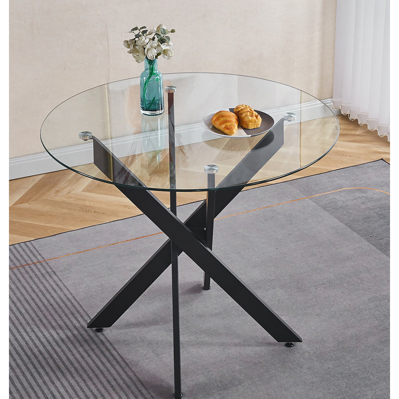 Table de salle à manger noire avec pieds croisés en métal et verre trempé, table de cuisine moderne pour le salon, Noir
