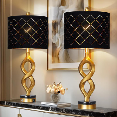 30 inch black and gold table lamp set, modern touch control for living room, 3-way dimming sculpture resin bedside lamp with USB air conditioning interface, 2 sets of 2 LED bulbs