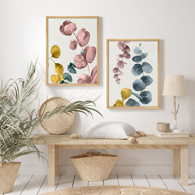 Jaune, vert, rose, feuilles, plantes, art moderne, impressions encadrées, affiches, salle de bain, petit art mural