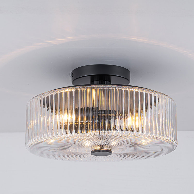 3 - Light Ribbied Glass Semi Flush Mount, Clear, Matte Black