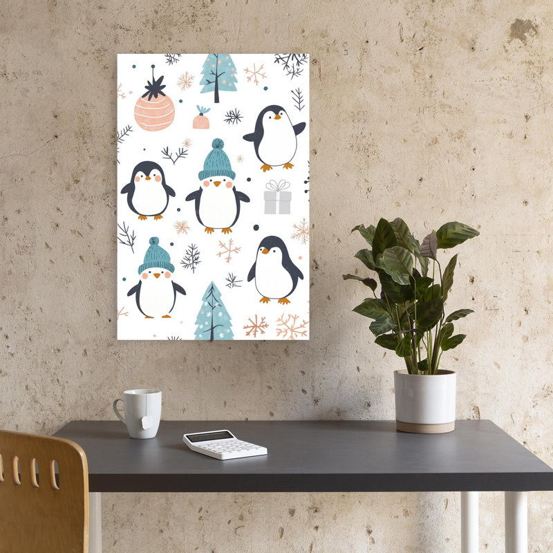 Cute Winter Penguins Playful Abstract Contemporary Penguin Winter Landscape Wall Art Print 1 Piece Wrapped Canvas Wall Art