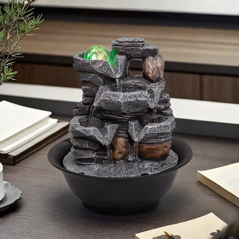 Fontaine cascade en résine 9,84 pouces avec boule Feng Shui Spinning - Décoration de bureau intérieure pour la maison et le bureau