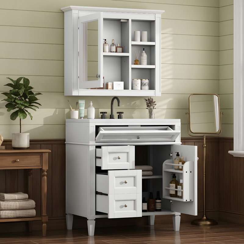 Meuble-lavabo de 30 po avec lavabo en céramique et armoire à pharmacie, Blanc