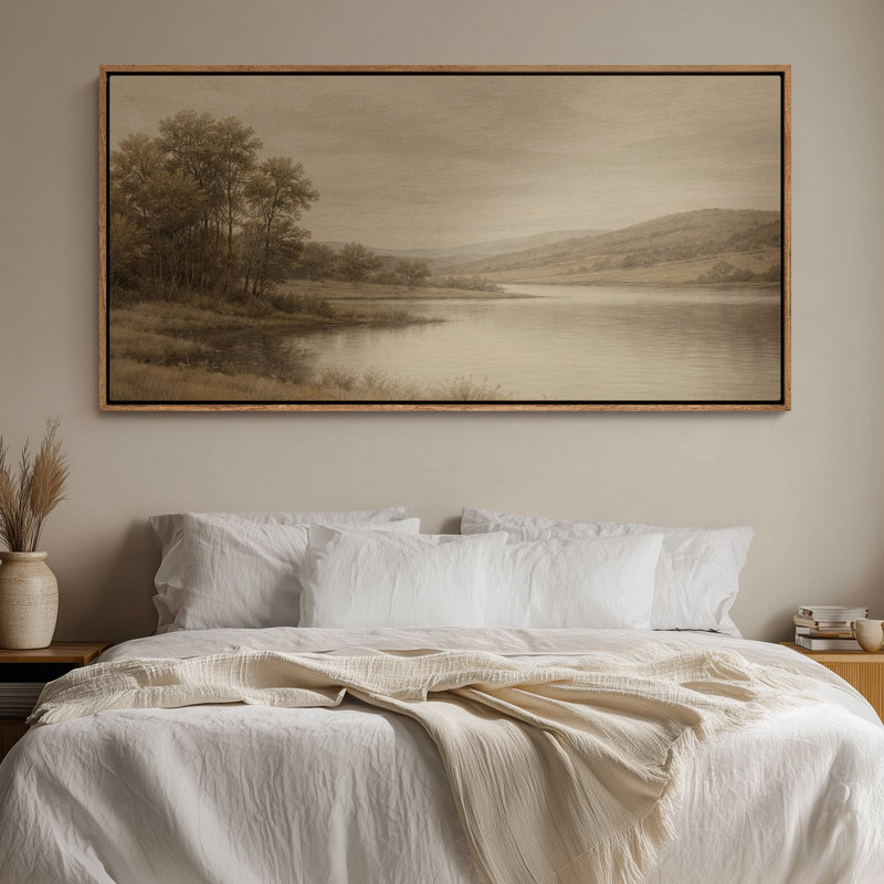 Art mural sur toile encadrée - Paysage de rivière tranquille avec arbres et Rolling Hills dans des tons neutres chaleureux - 16 po x 24 po, 24 po x 36 po