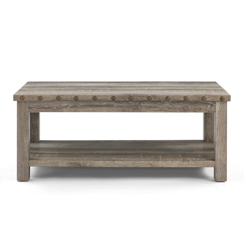 47"  Rivets Coffee Table With Open Storage Shelf and  Distressed Wood Texture