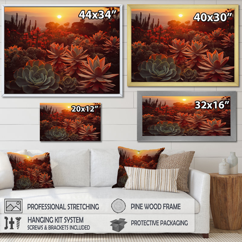 «Green» and Red Succulent Cactus Field Sunset II sur impression sur toile, H 34 po x l 44 po x P 1,5 po, Cadre flottant noir