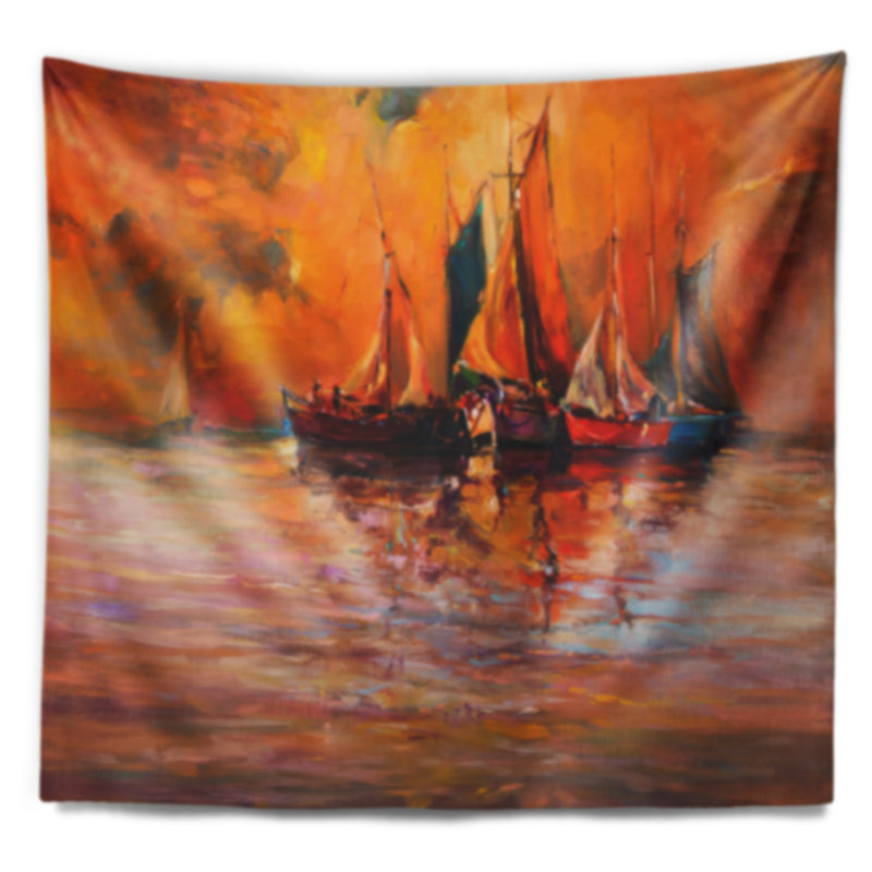 Paysage marin et océan en tapisserie rouge, H 68 po x l 80 po