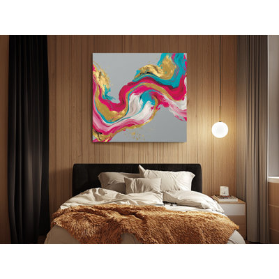 Abstrait, reproduction d'art sur toile, sarcelle rose et marbre doré sur fond gris, décor de galerie moderne