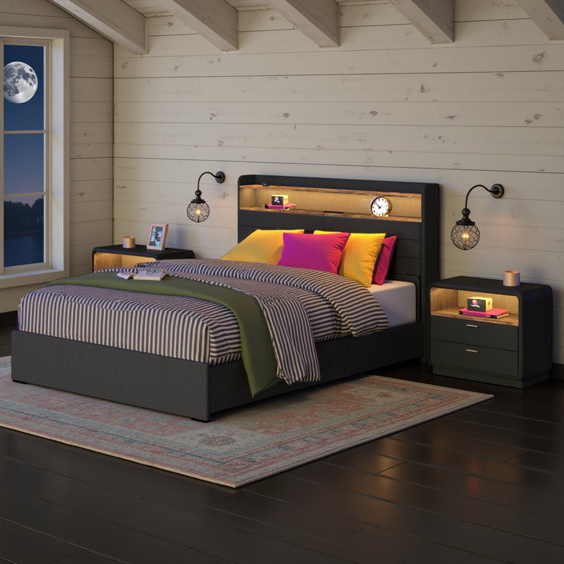 Lit plateforme tapissier avec lumières DEL, 4 tiroirs de rangement, station de charge et tablette de tête de lit, Grand lit