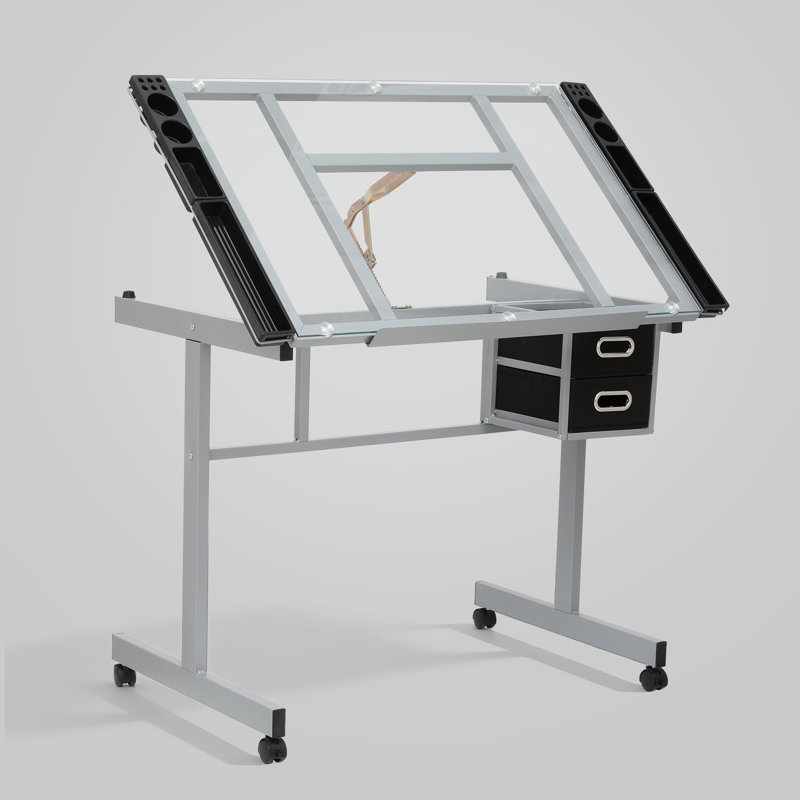 Table de travail à roulettes avec plateau réglable en verre trempé